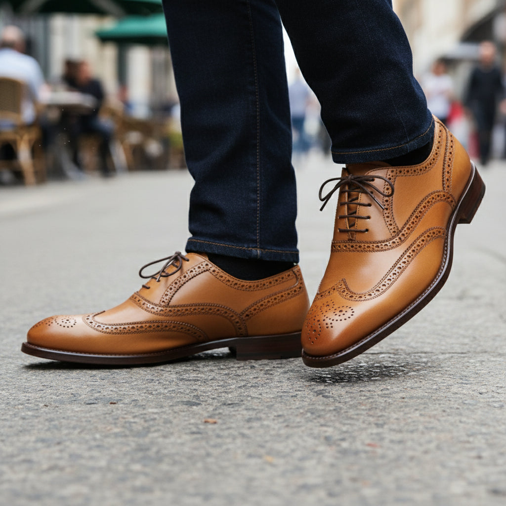 model-walking-street - Men's Tan Leather Wingtip Dress Shoes