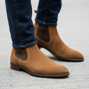 Men's Tan Suede Chelsea Boots - model-walking-street