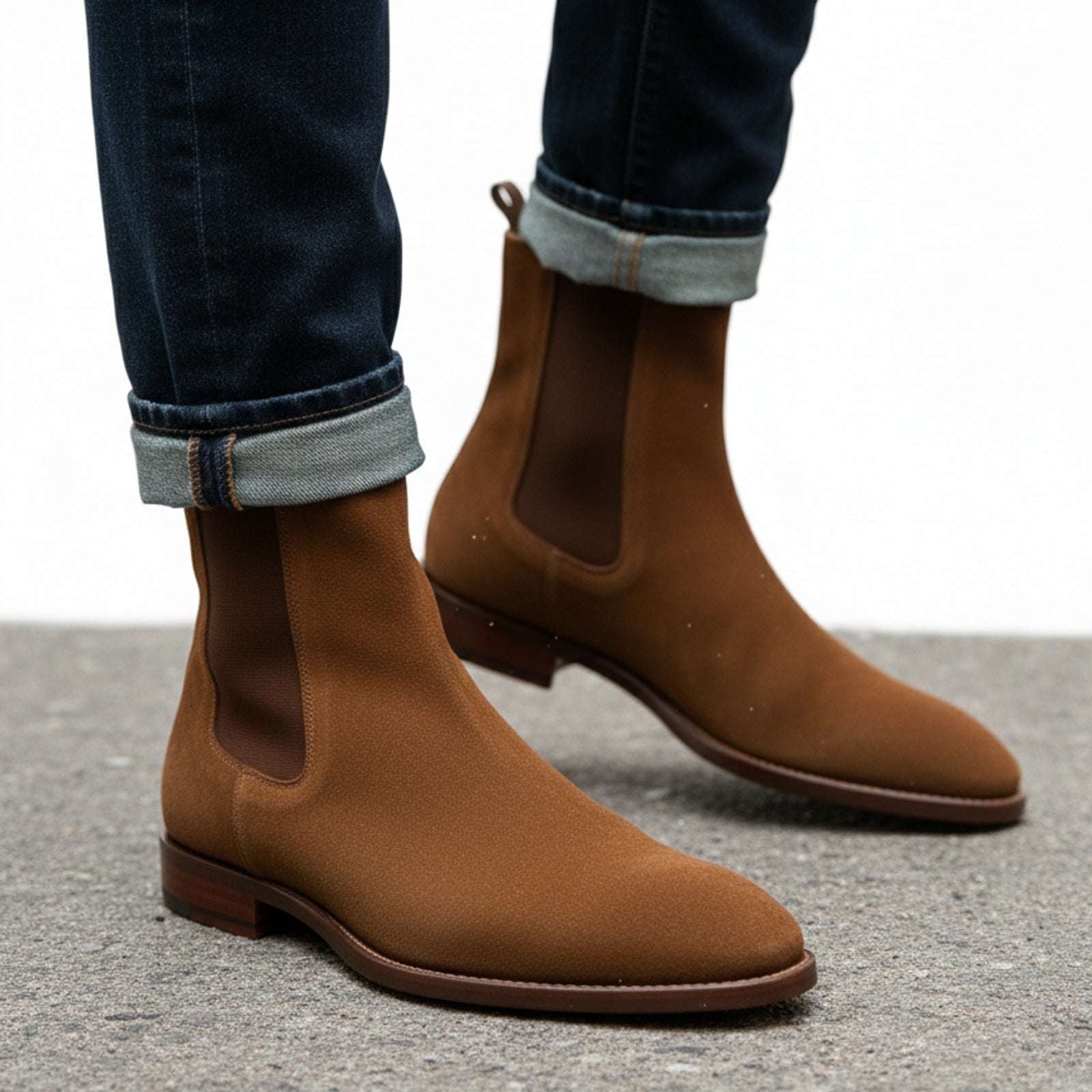 Men's Tan Suede Chelsea Boots - model-walking-street