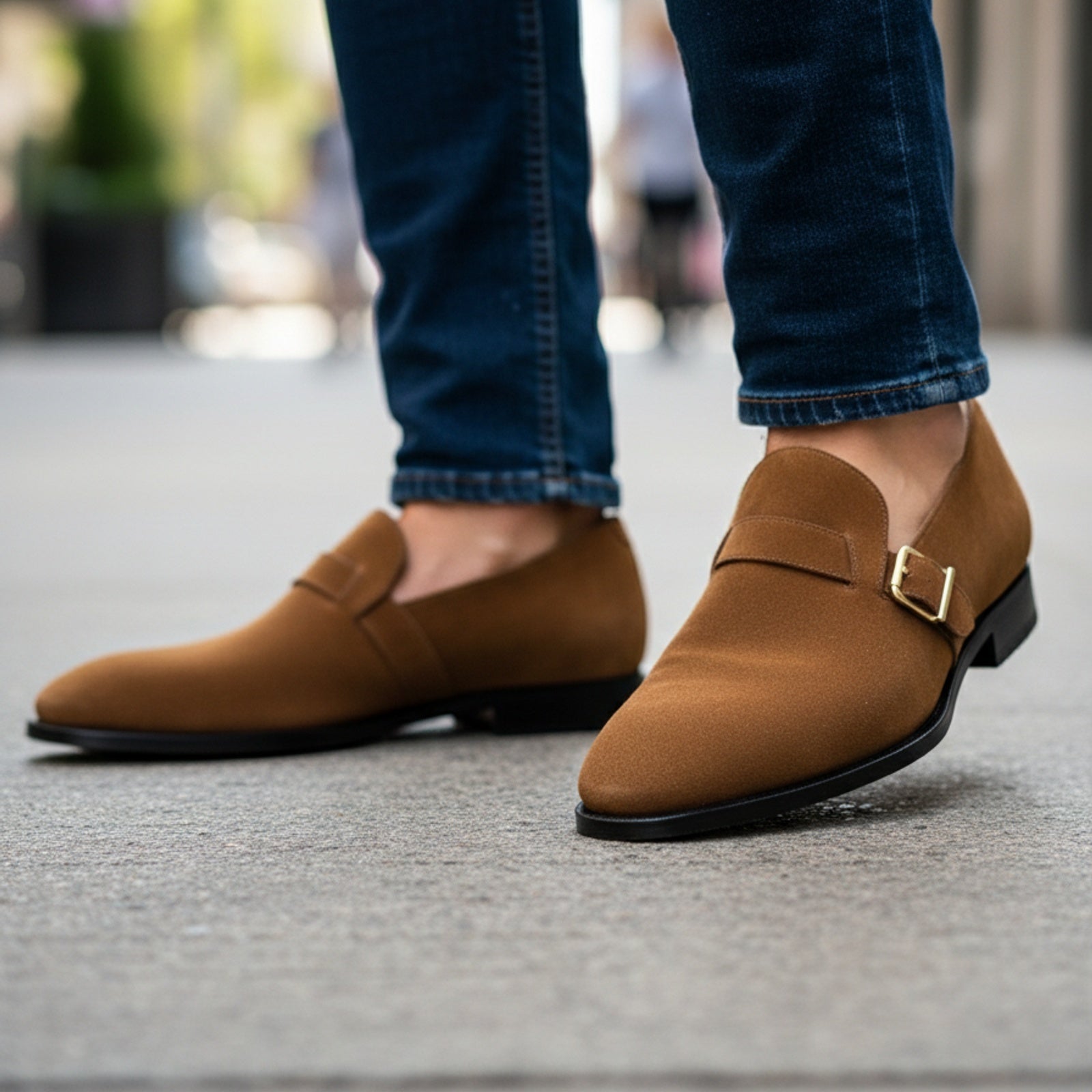 model-walking-street - Men's Tan Suede Monk Strap Shoes