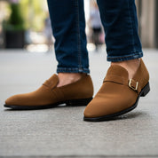 model-walking-street - Men's Tan Suede Monk Strap Shoes