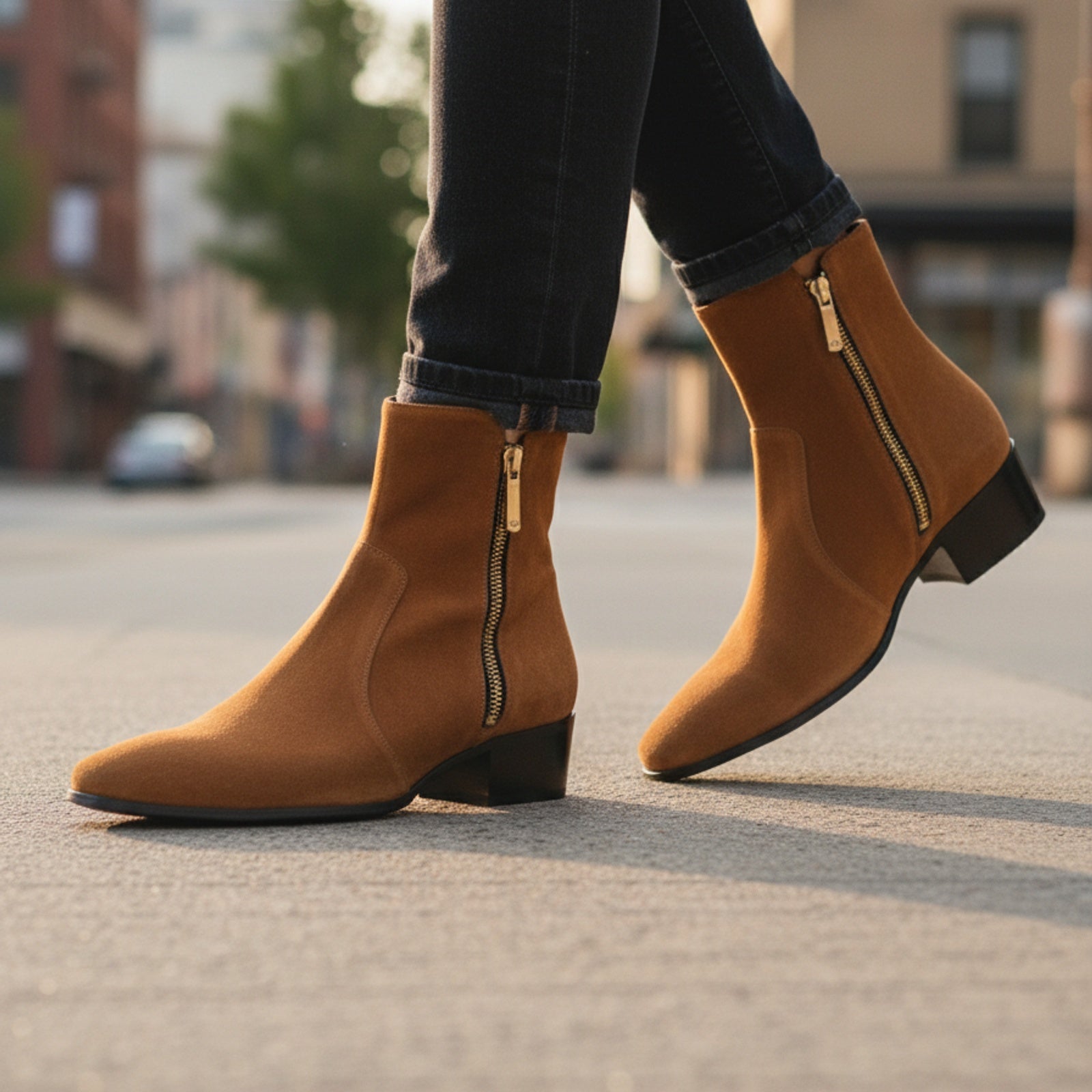 Men's Tan Suede Side-Zip Ankle Boots - model-walking-street