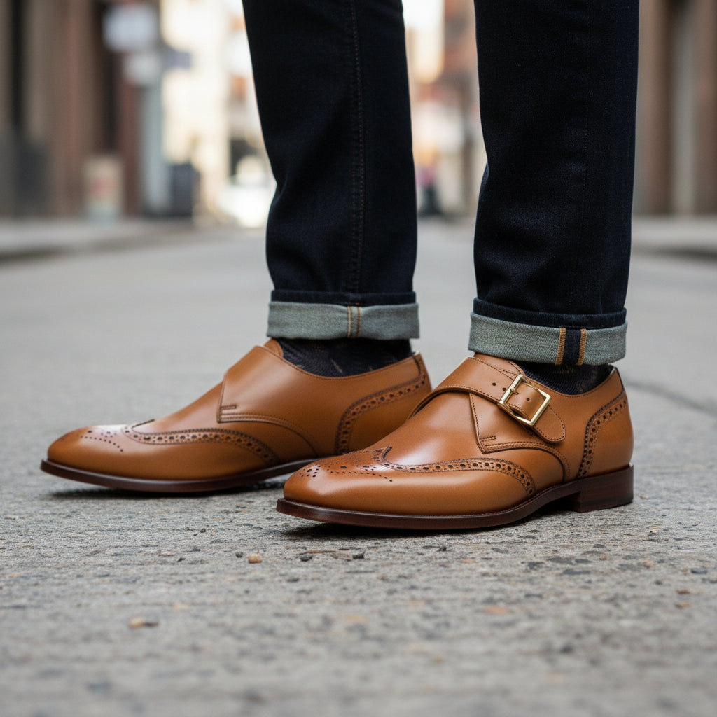 Men's Tan Wing Tip Brogue Monk Leather Shoes - model-walking-street