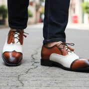 model-walking-street - Men's Two-tone Calf Leather Oxford Dress Shoes