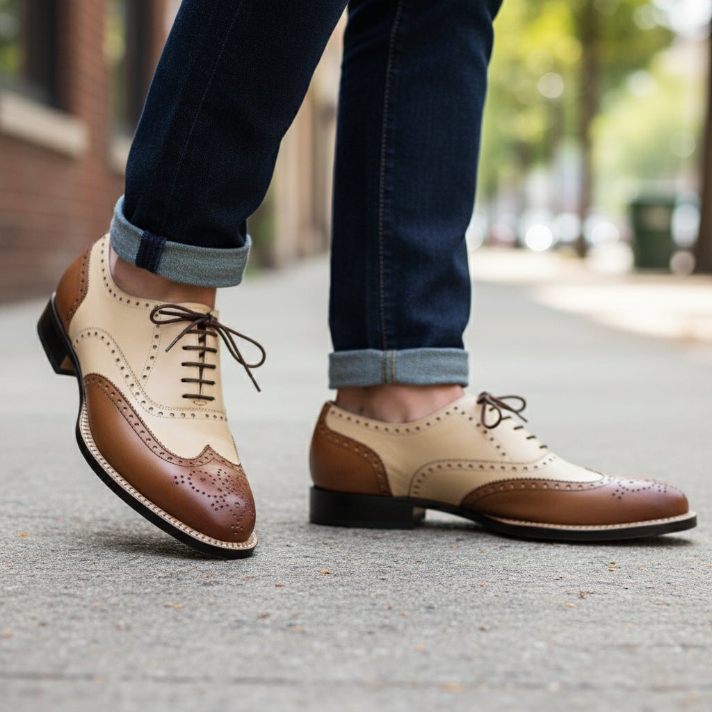 model-walking-street - Men's Two Tone Calf Leather Wingtip Brogue Dress Shoes