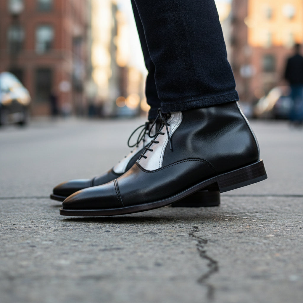 Men's Two Tone Cap Toe Leather Ankle Boots - model-walking-street