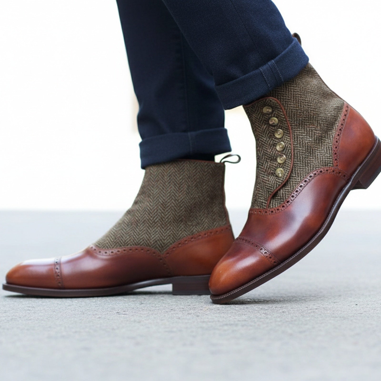 Men's Two-Tone Cap Toe Leather Boots - model-walking-street