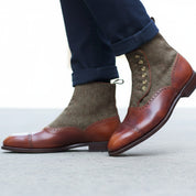 Men's Two-Tone Cap Toe Leather Boots - model-walking-street