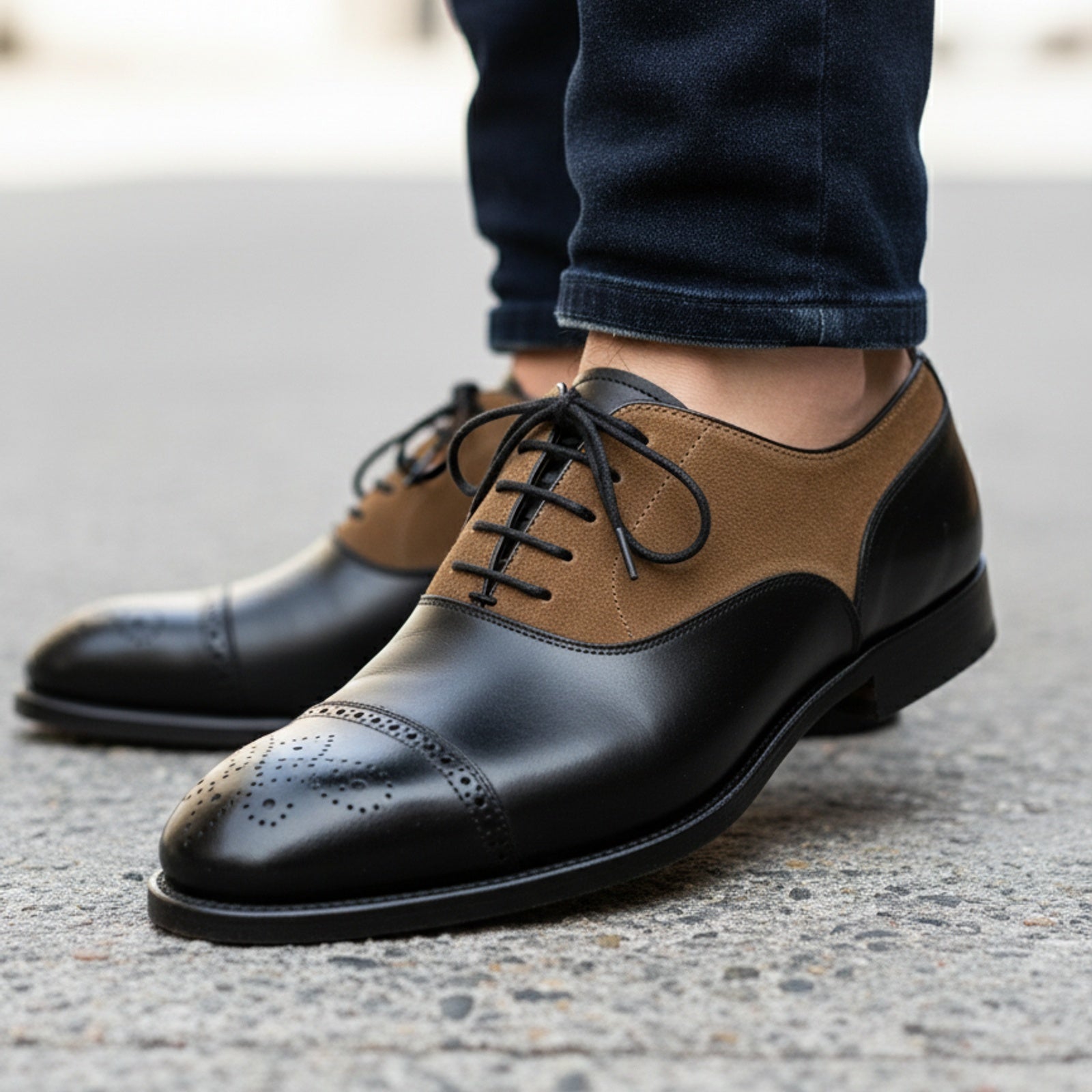 model-walking-street - Men's Two-Tone Cowhide & Suede Brogue Oxford Dress Shoes