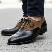 model-walking-street - Men's Two-Tone Cowhide & Suede Brogue Oxford Dress Shoes