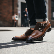 Men's Two Tone Double Monk Leather Shoes - model-walking-street