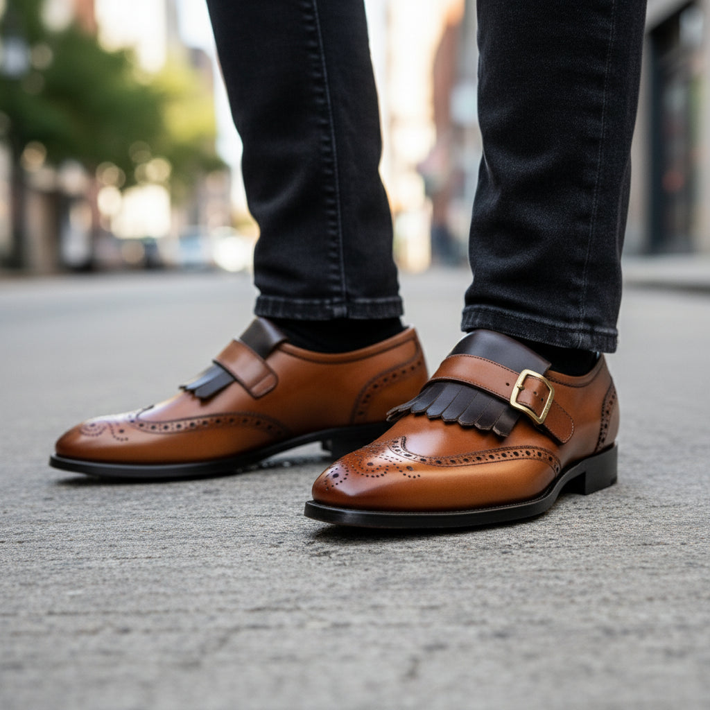 model-walking-street - Men's Two-tone Leather Dress Shoes