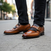 model-walking-street - Men's Two-tone Leather Dress Shoes