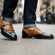 Men's Two-Tone Leather Dress Shoes - model-walking-street