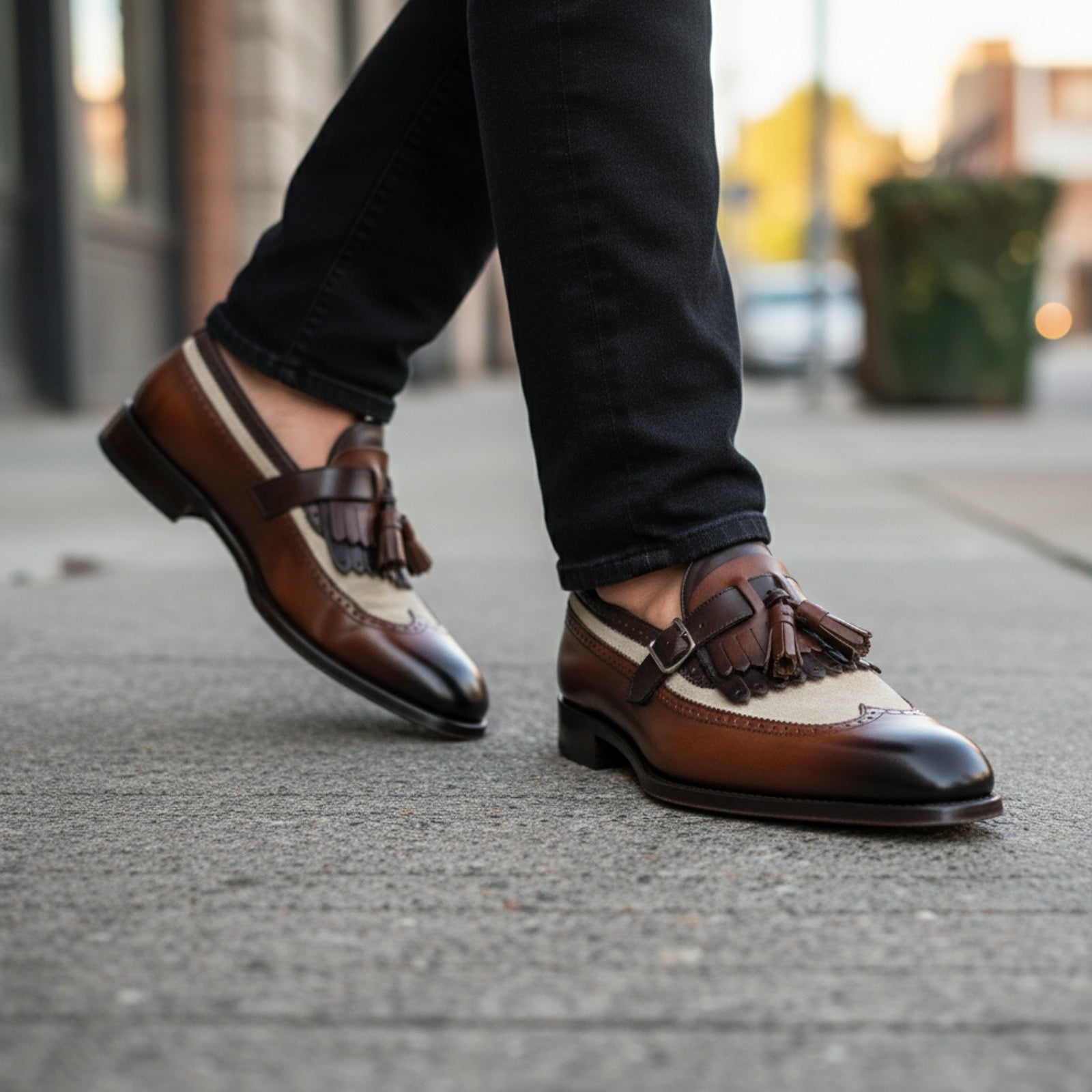 model-walking-street - Men's Two Tone Leather Fringe Dress Shoes