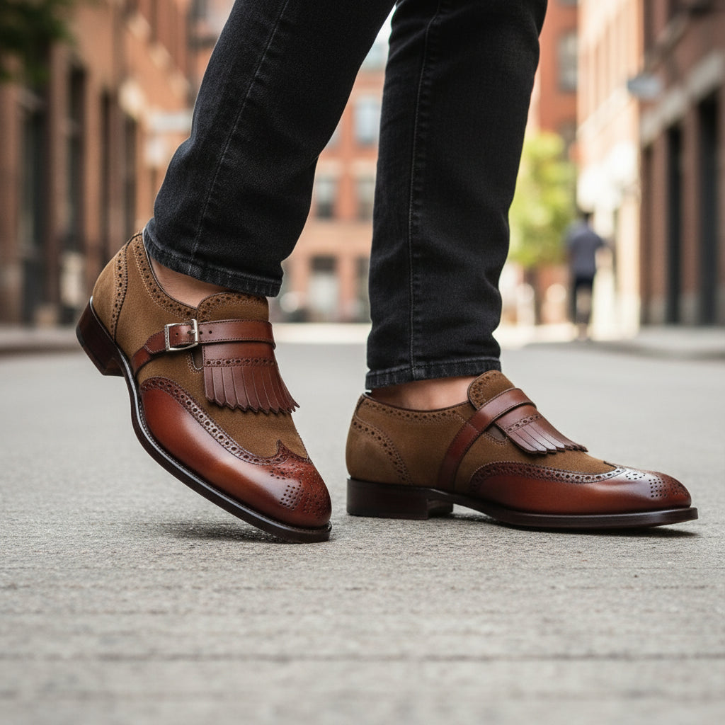 model-walking-street - Men's Two Tone Leather Fringe Wingtip Dress Shoes