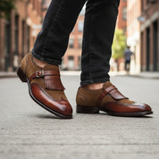 model-walking-street - Men's Two Tone Leather Fringe Wingtip Dress Shoes