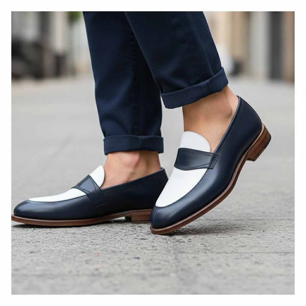Men's Two-Tone Leather Loafer Moccasins - model-walking-street