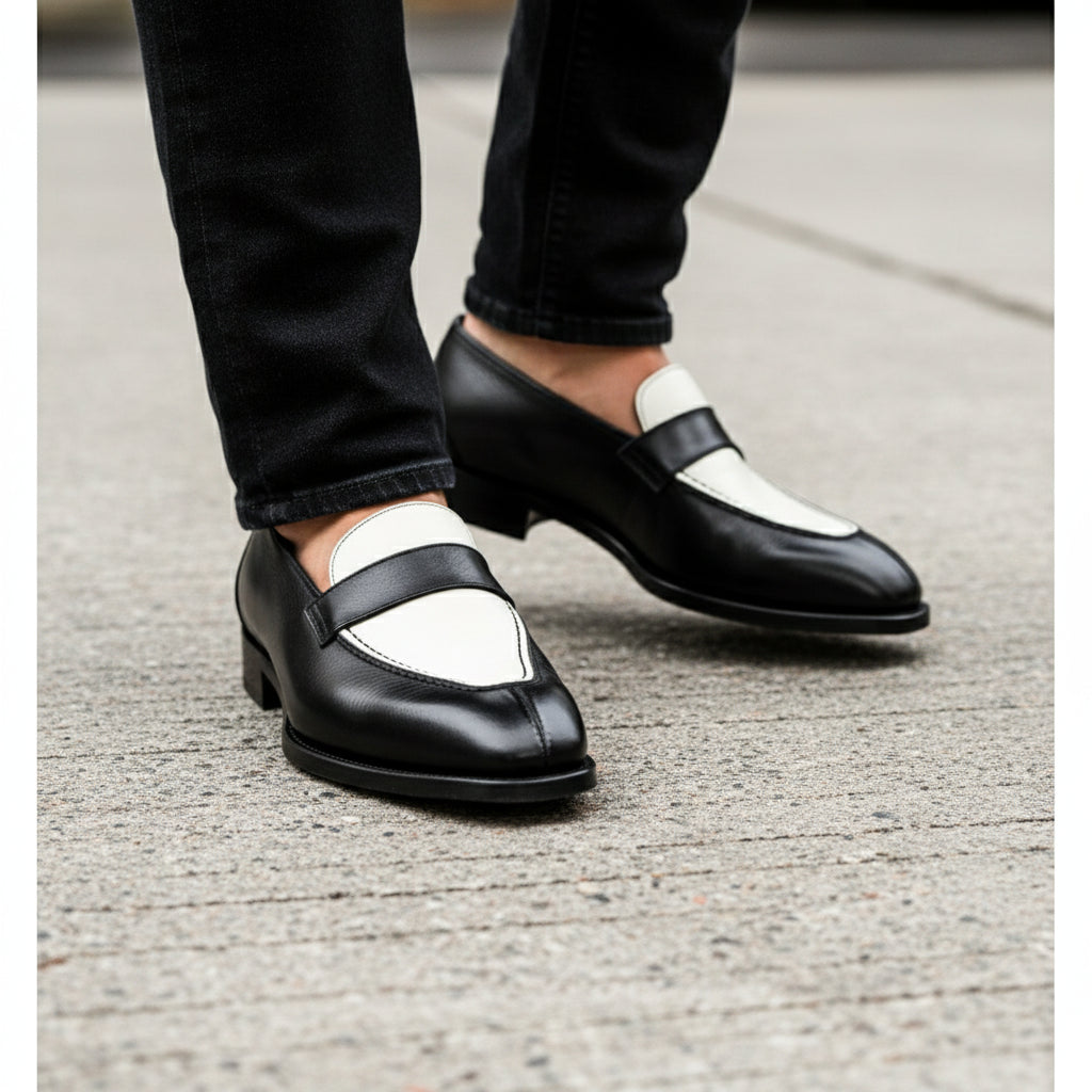 model-walking-street - Men's Two Tone Leather Moccasin Shoes
