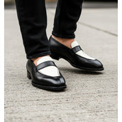 model-walking-street - Men's Two Tone Leather Moccasin Shoes