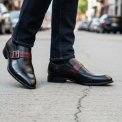 model-walking-street - Men's Two-Tone Leather Moccasins – Black Dress Shoes