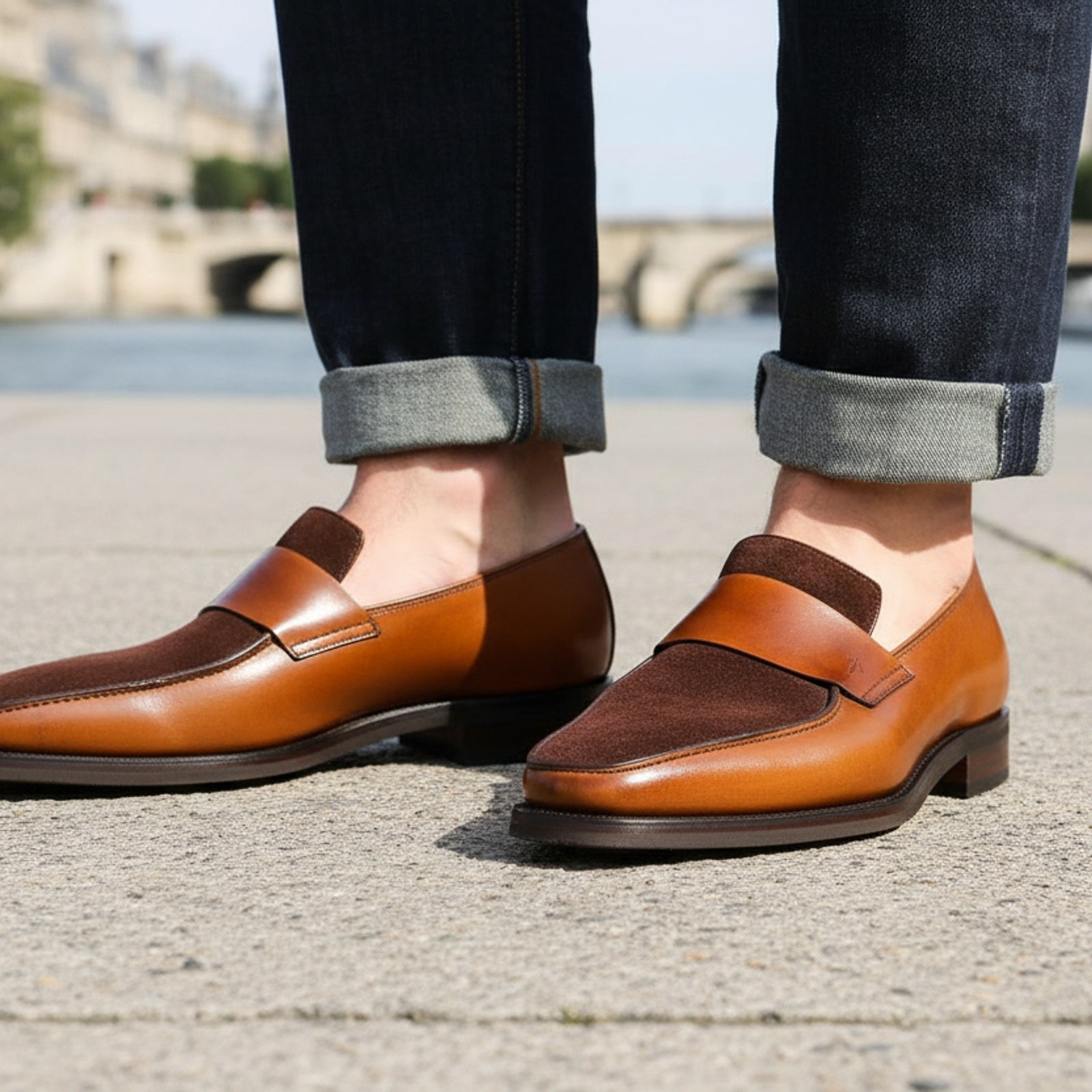 Men's Two-Tone Leather Moccasins - model-walking-street