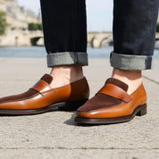 Men's Two-Tone Leather Moccasins - model-walking-street