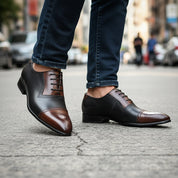 model-walking-street - Men's Two Tone Leather Oxford Spectator Shoes with Pointed Toe