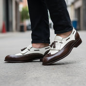 model-walking-street - Men's Two Tone Leather Tassel Moccasins