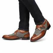 model-walking-street - Men's Two-Tone Leather Wing Tip Monk Dress Shoes