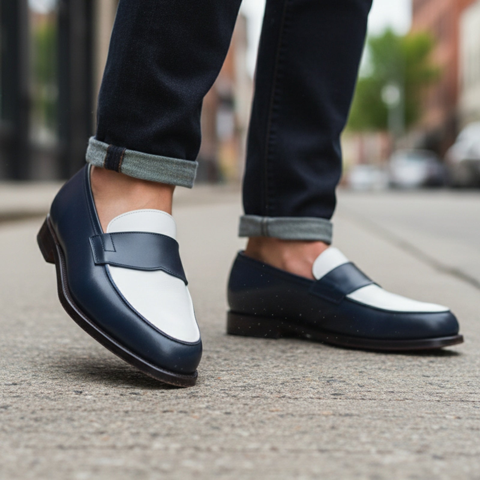 Men's Two-Tone Spectator Leather Dress Shoes in Blue and White - model-walking-street