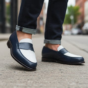 Men's Two-Tone Spectator Leather Dress Shoes in Blue and White - model-walking-street