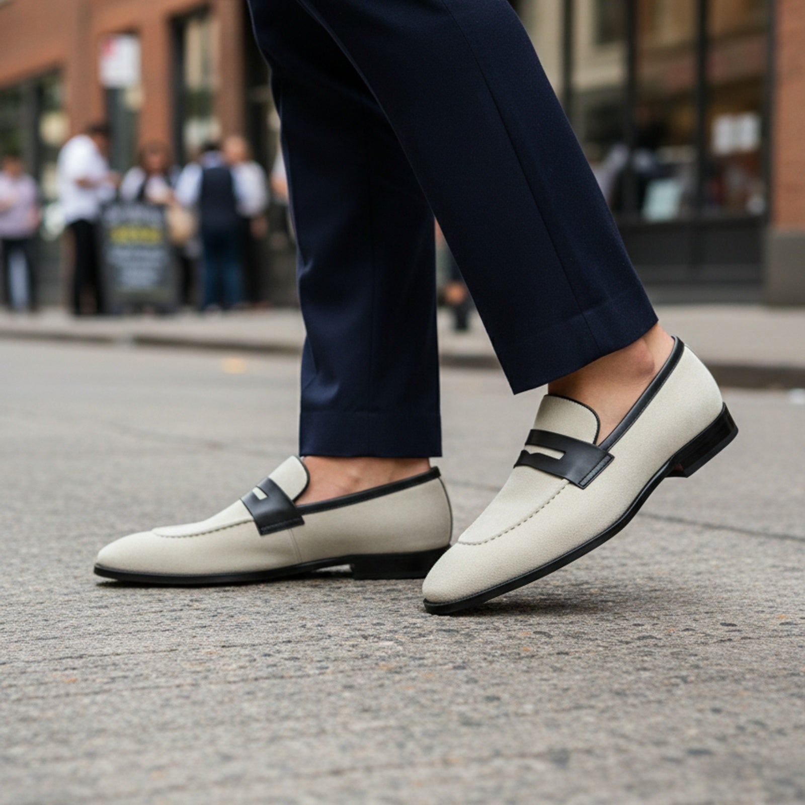 Men's Two-Tone Suede Loafers - model-walking-street