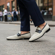 Men's Two-Tone Suede Loafers - model-walking-street