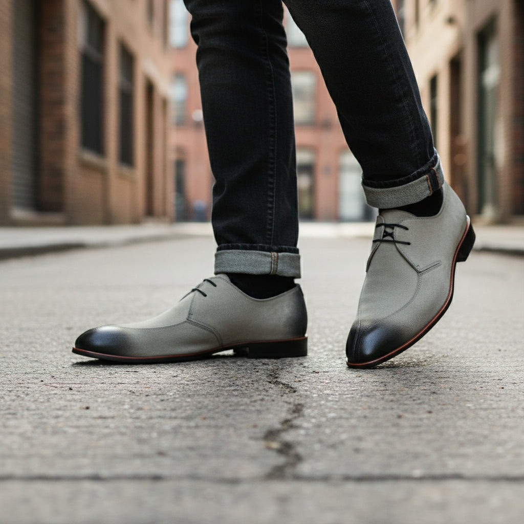 model-walking-street - Men's Two-Tone Suede Wingtip Dress Shoes
