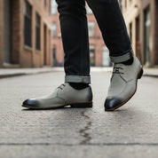 model-walking-street - Men's Two-Tone Suede Wingtip Dress Shoes