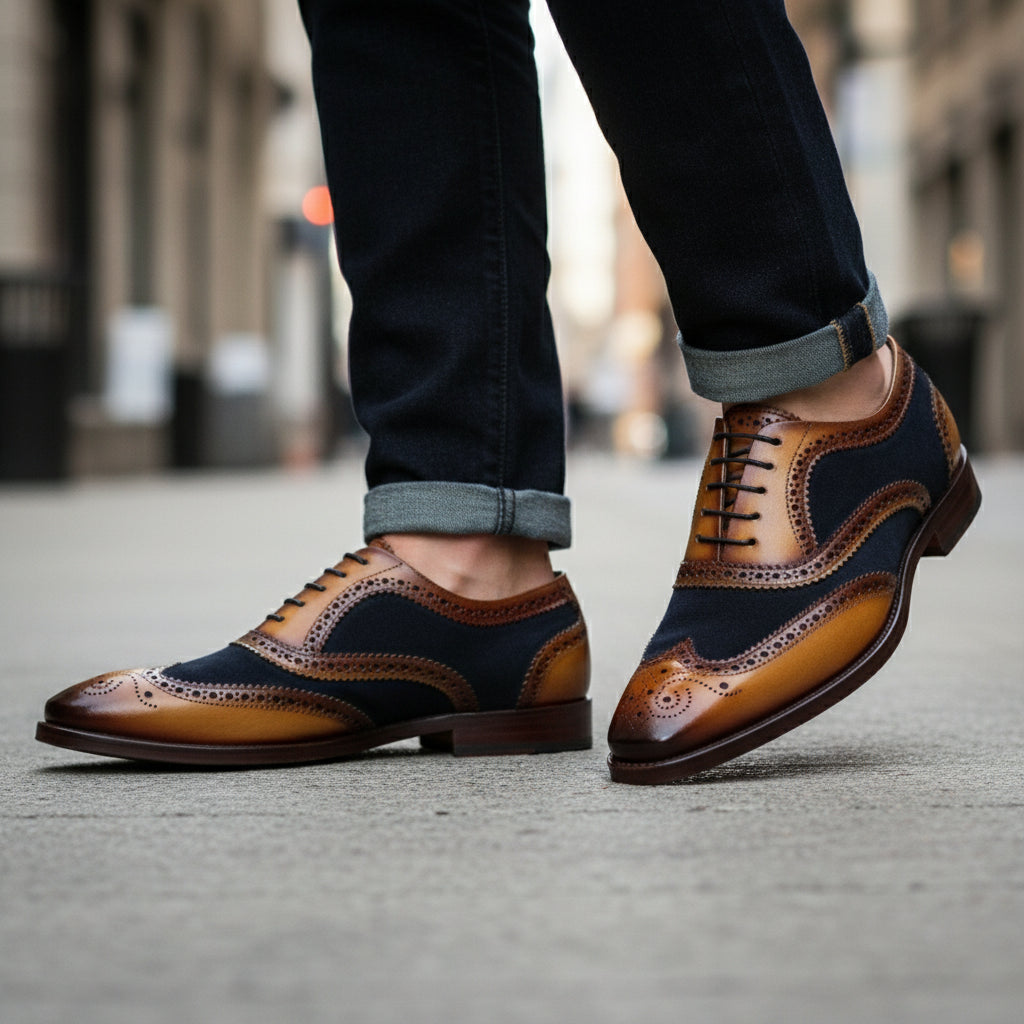 Men's Two-tone Wingtip Brogue Leather Dress Shoes - model-walking-street