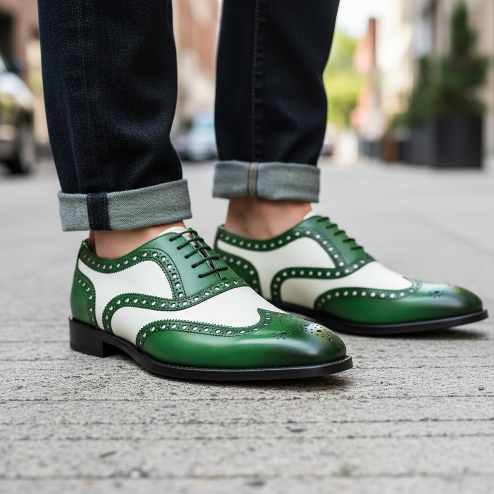 Men's Two-Tone Wingtip Brogue Leather Dress Shoes - model-walking-street
