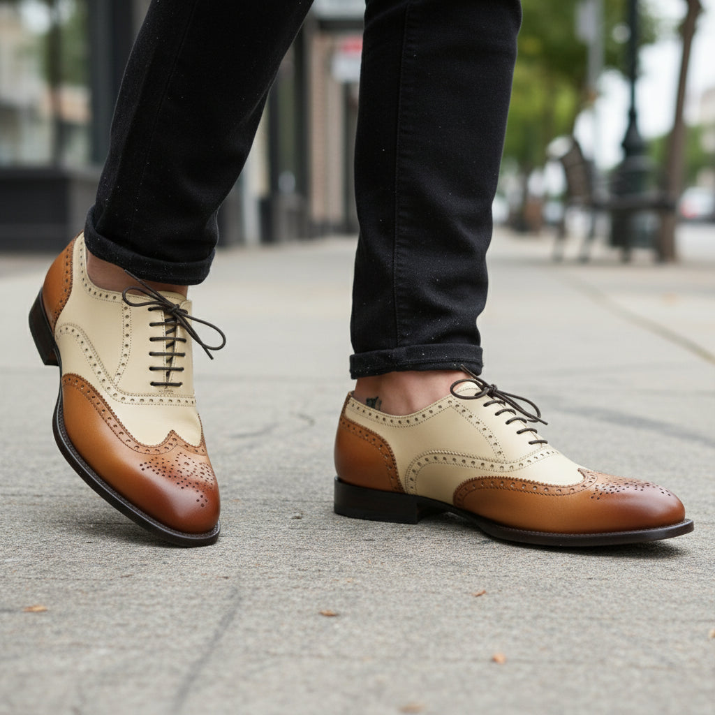 Men's Two-Tone Wingtip Brogue Leather Shoes - model-walking-street
