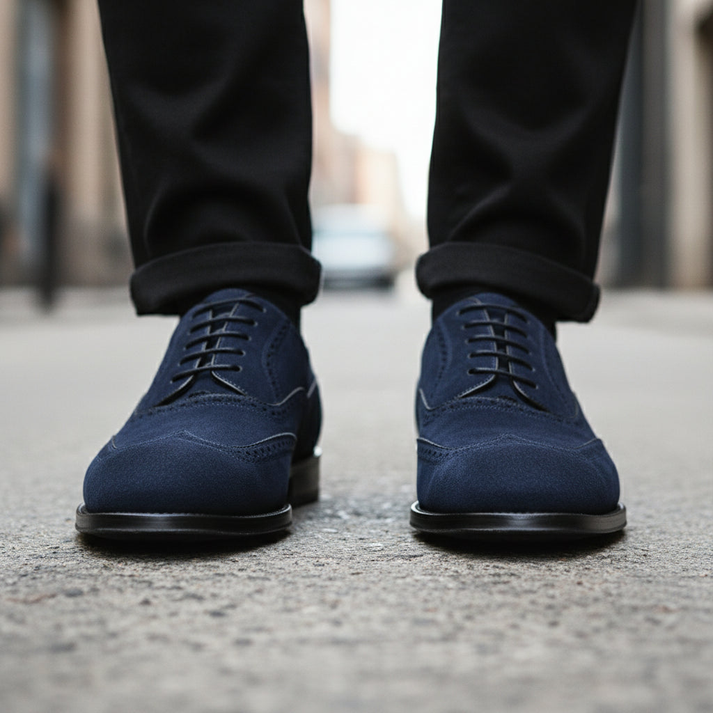 Men's Two-tone Wingtip Leather Dress Shoes in Black and Blue Suede - model-walking-street