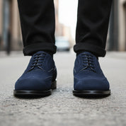 Men's Two-tone Wingtip Leather Dress Shoes in Black and Blue Suede - model-walking-street
