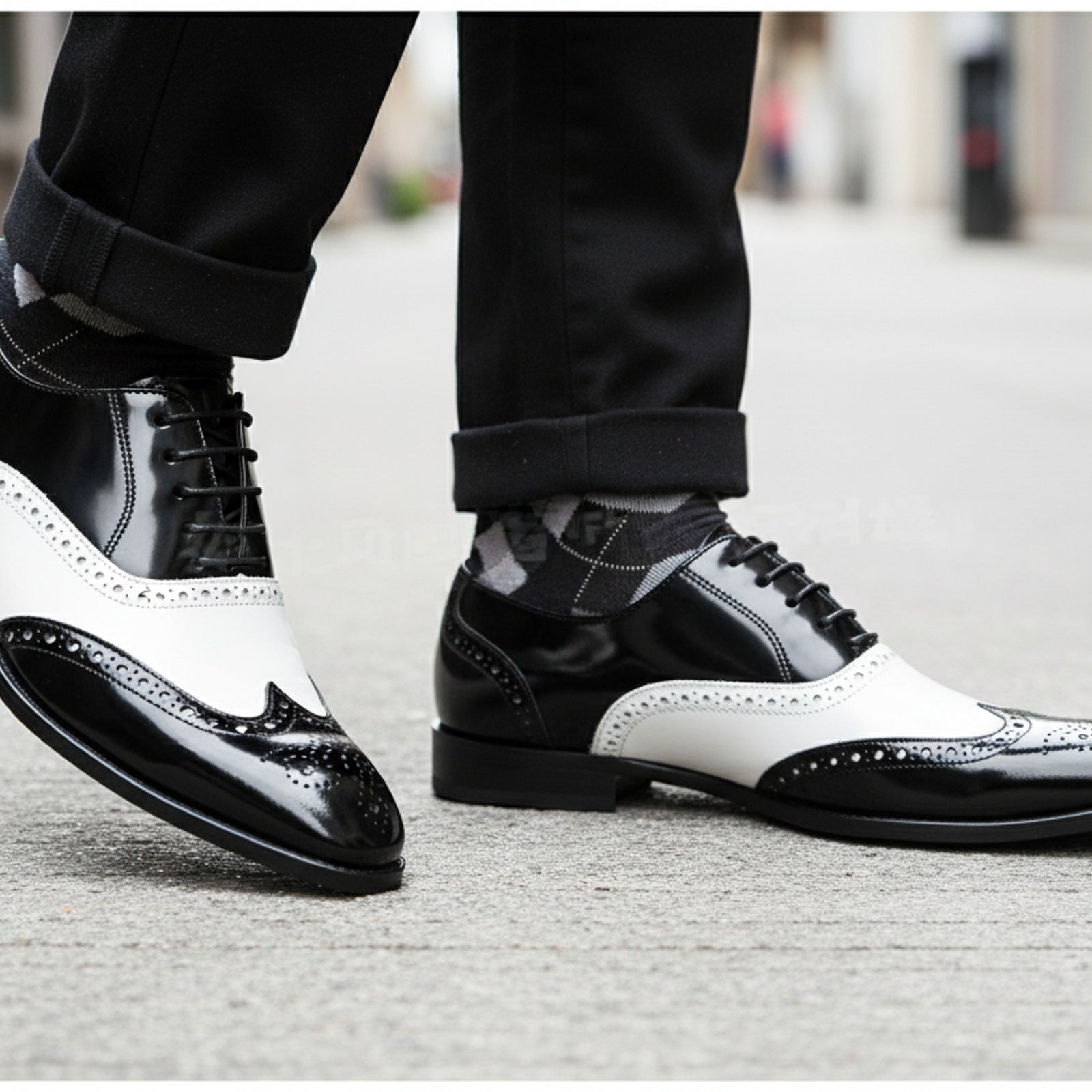 Men's Two-Tone Wingtip Leather Dress Shoes - model-walking-street