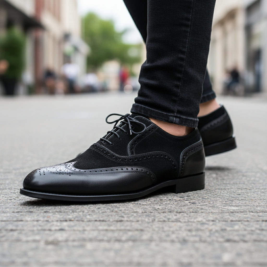 Men's Two-Tone Wingtip Leather Dress Shoes - model-walking-street