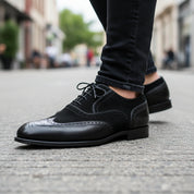 Men's Two-Tone Wingtip Leather Dress Shoes - model-walking-street