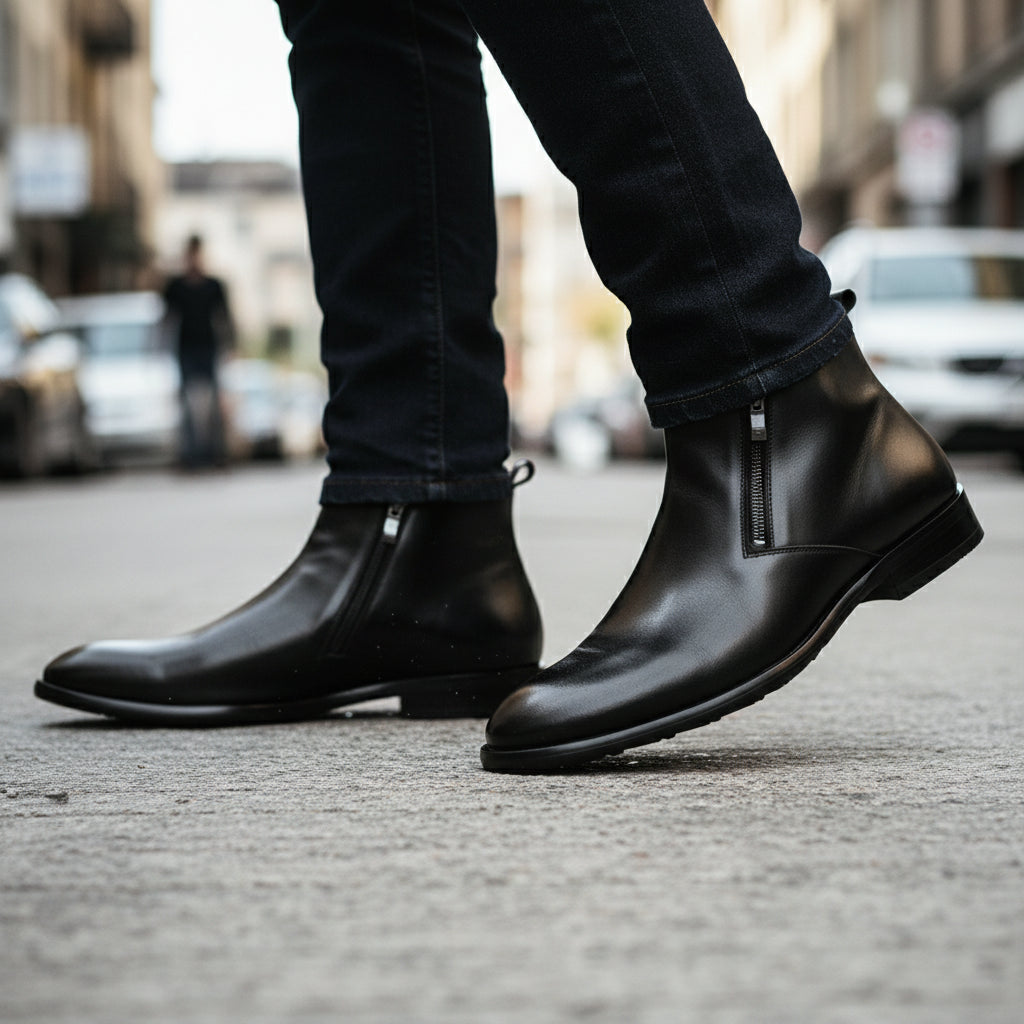 model-walking-street - Men's Vintage Cow Leather Chelsea Boots