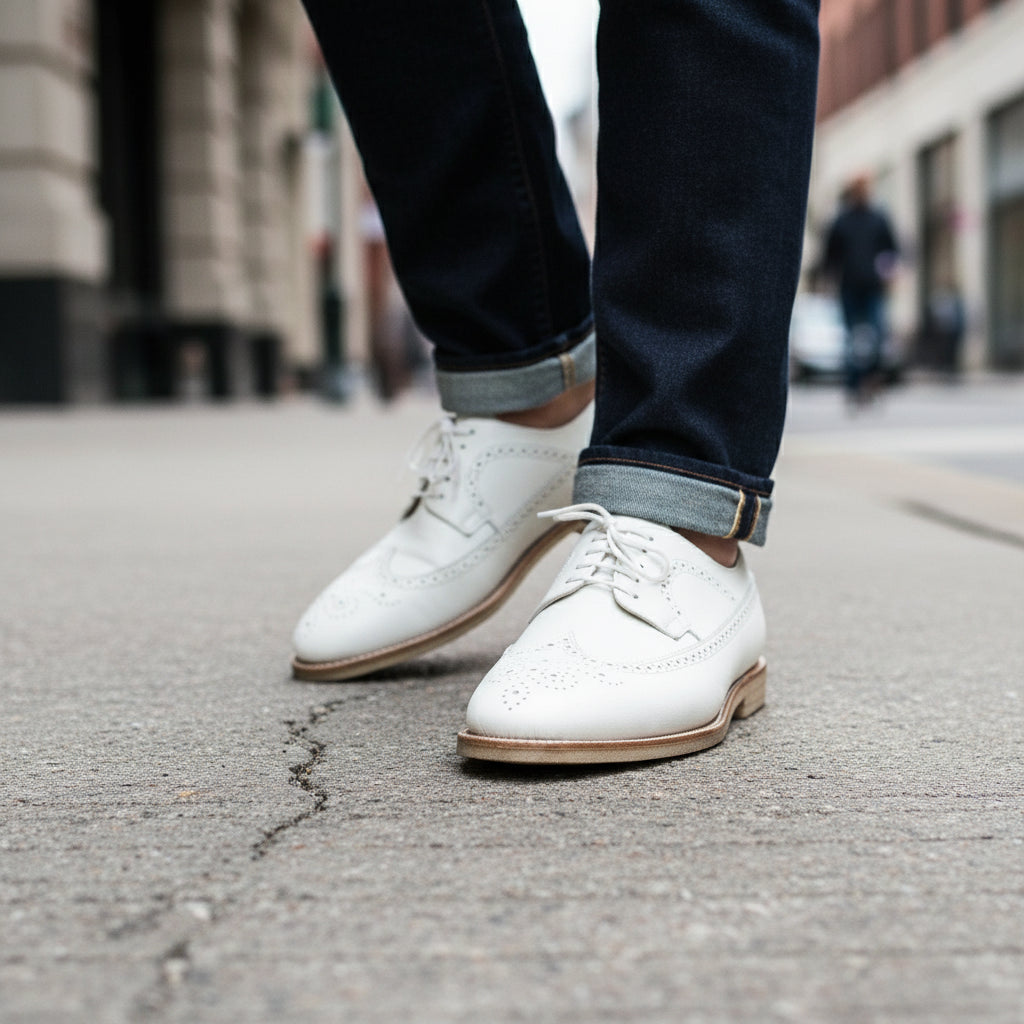 Men's White Brogue Leather Dress Shoes - model-walking-street