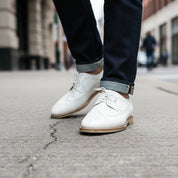 Men's White Brogue Leather Dress Shoes - model-walking-street