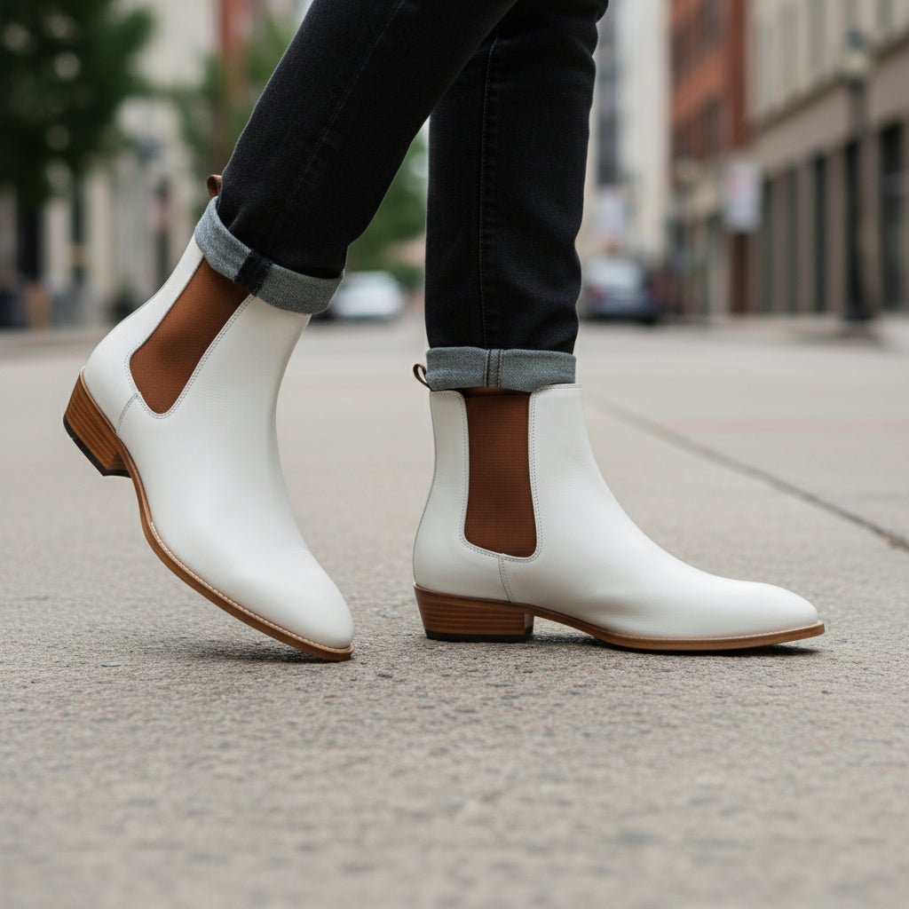 Men's White Chelsea Leather Boots - model-walking-street