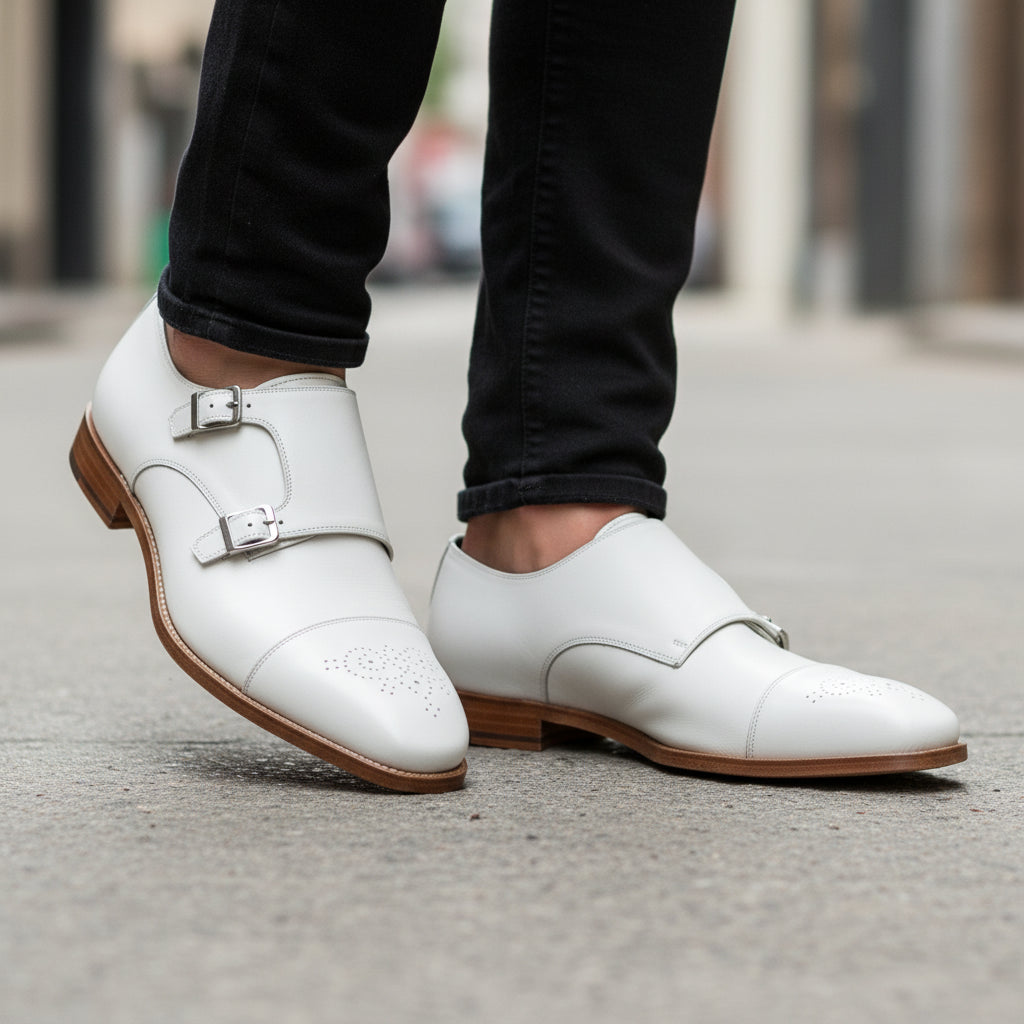 model-walking-street - Men's White Leather Double Monk Dress Shoes