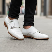 model-walking-street - Men's White Leather Double Monk Dress Shoes
